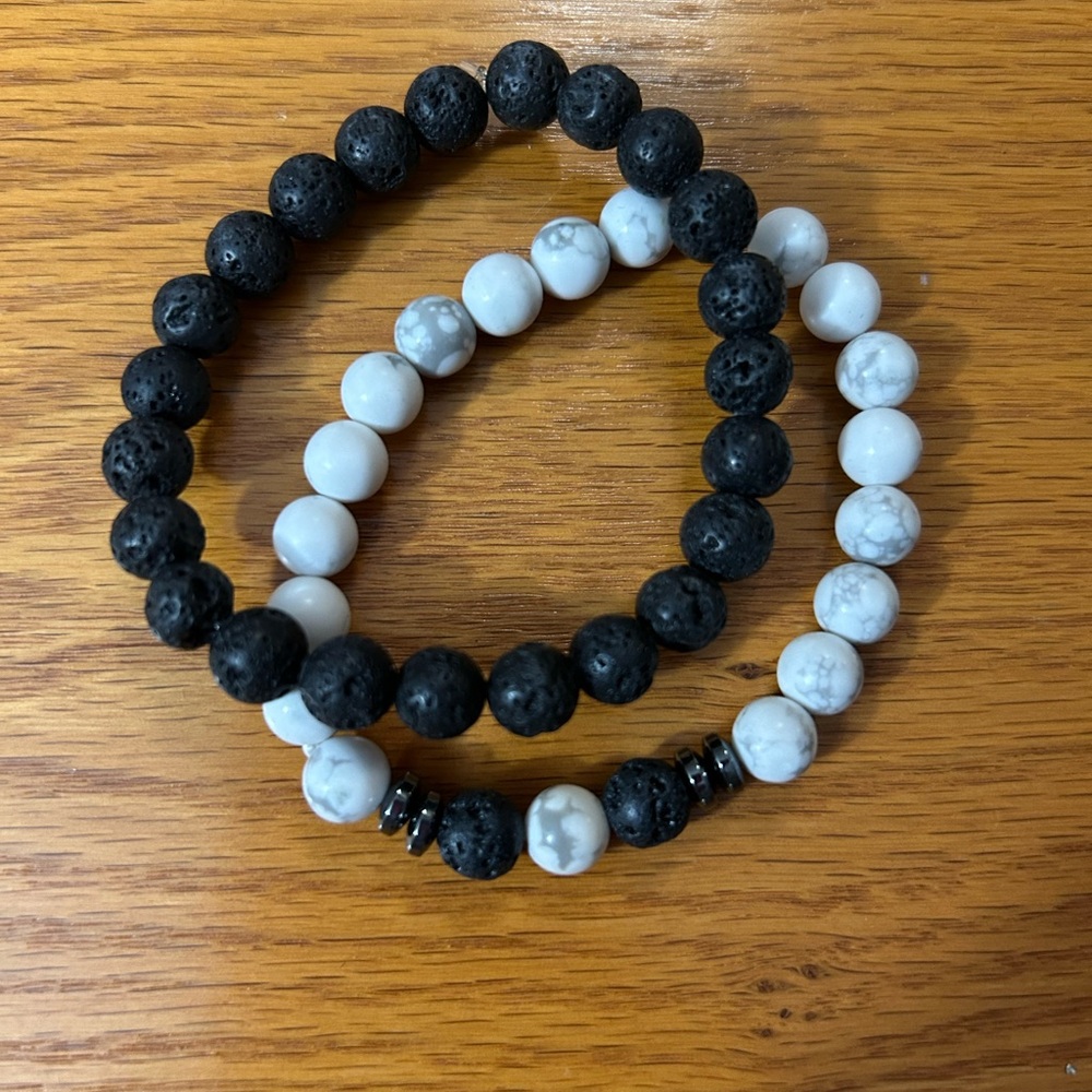Black Lava stone and White Howlite Beaded Bracelet Set